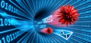 Virus orb and mail envelopes flying through binary code