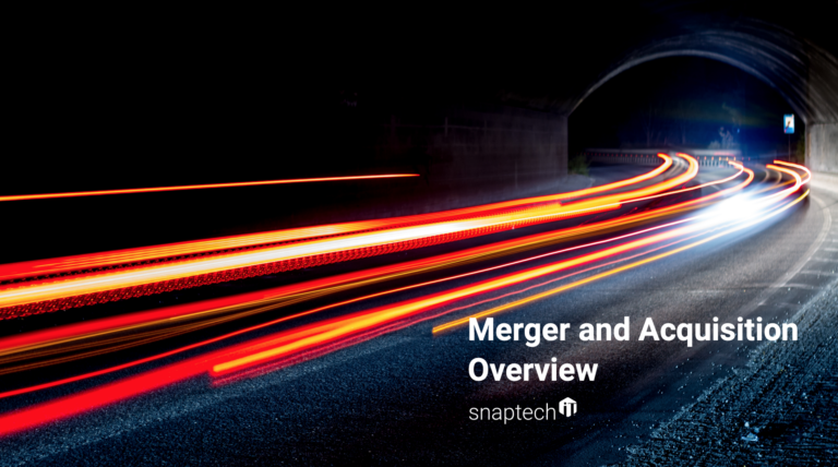 Merger and Acquisition Overview text over car lights in bending road with bridge