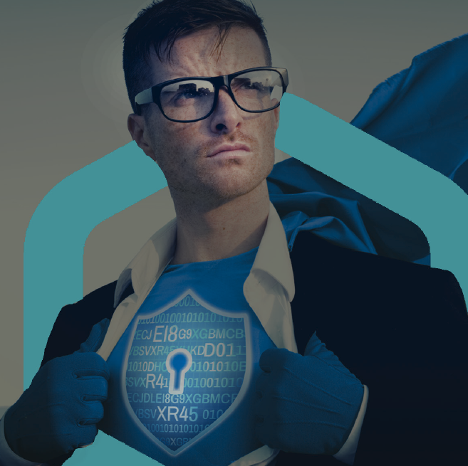 Superman style man with glasses and shirt open to show cybersecurity chest