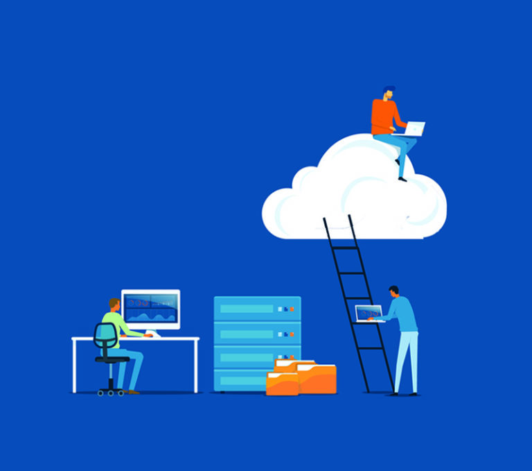 Cloud graphic with computer, file cabinet, and 3 workers