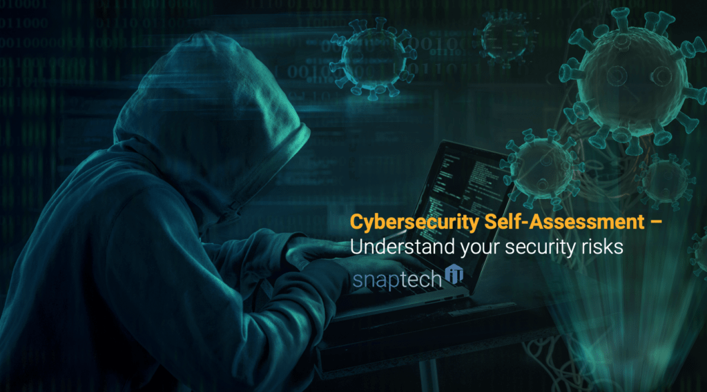 Cybersecurity Self-Assessment - text of hooded hacker on laptop